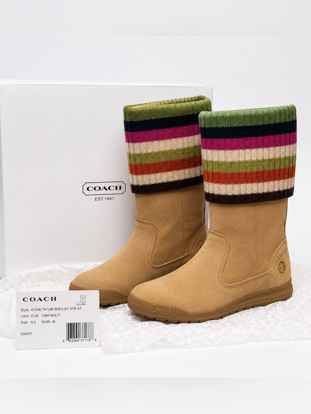Coach Tatum Boots Size 6 M Tan Suede Legacy Stripe Knit Cuff NIB Y2K Rare New